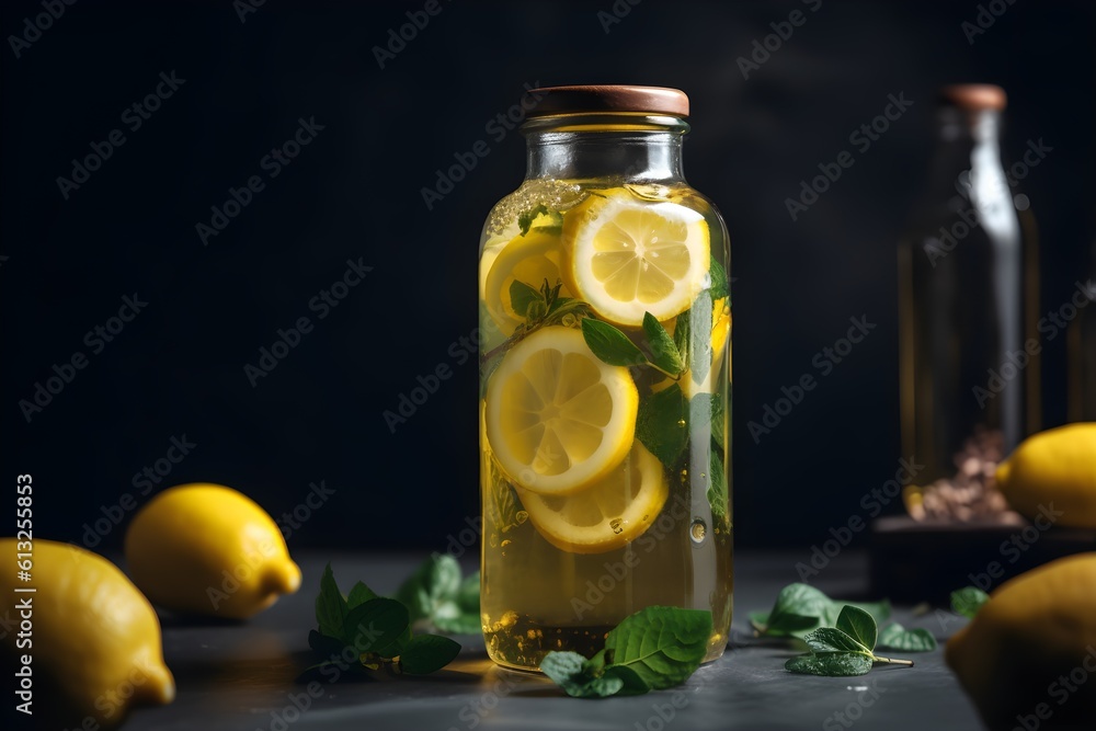 A refreshing beverage of peppermint tea with lemon served in a glass bottle and chilled for a cool sip. A refreshing beverage of peppermint tea with lemon served in a glass bottle and chilled for a cool sip.