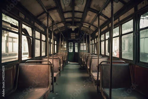 The image depicts the interior of an empty old tramway.