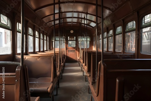 An empty old tramway interior captured in the photo.