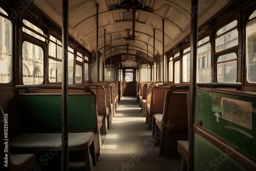 An abandoned tram car with classic interior design.