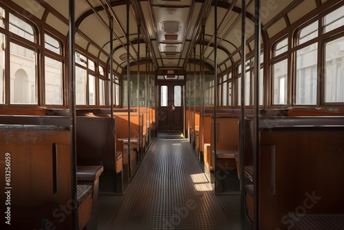 An empty old tramway interior.