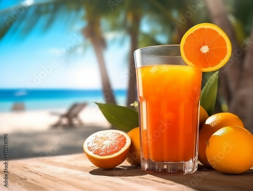 Fresh tropical fruits juice on sea and beach background,Generative AI