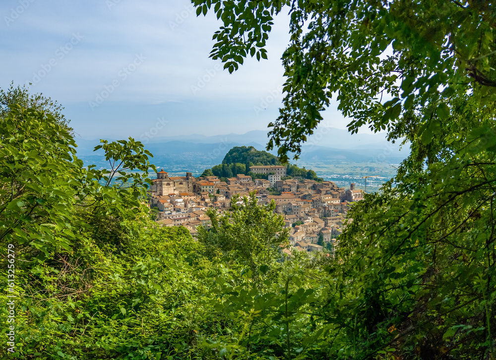 Fototapeta premium Patrica (Italy) - A view of Sentiero di Dante Alighieri path in medieval town of Patrica, to summit of Monte Cacume mount; in Monti Lepini mountains, province of Frosinone.