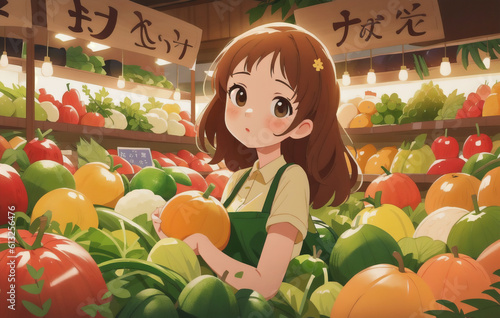 Beautiful girl supermarket worker, on the background of vegetables and fruits. Generative AI.