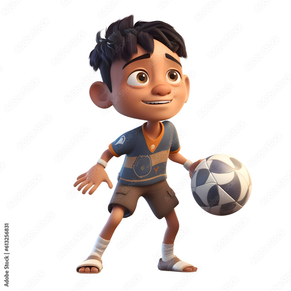 3d illustration of a little boy playing football. isolated white background