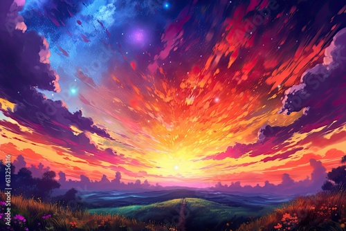 Anime inspired colorful sky, adorned with vibrant Northern lights, a captivating celestial spectacle