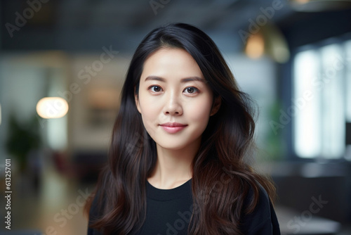 Asian woman in a video conference meeting, asian woman working, close up depiction, digital photo, portrait, looking at camera, natural light, affinity, bright background Generative AI