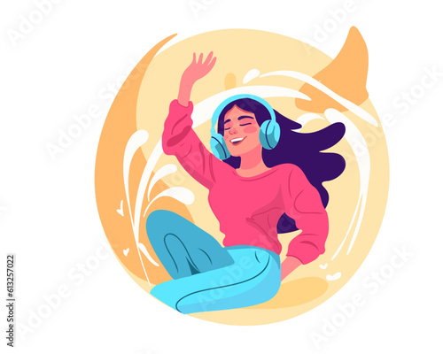 Smiling girl in headphones listen to music. Vector illustration