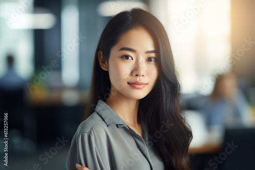 Portrait of a focused young Asian woman in the office, asian woman working, close up depiction, digital photo, portrait, looking at camera, natural light, affinity, bright backgrou Generative AI