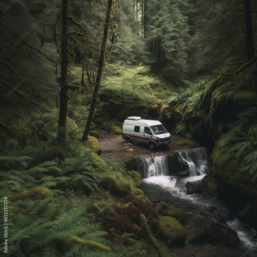 Camper Van in a Forest Clearing Camper Van in a Forest Clearing