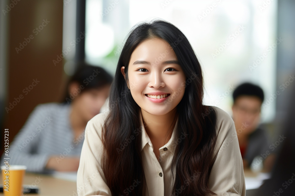 Asian woman collaborating with coworkers at a meeting table, asian woman working, close up depiction, digital photo, portrait, looking at camera, natural light, affinity, bright ba Generative AI Asian woman collaborating with coworkers at a meeting table, asian woman working, close up depiction, digital photo, portrait, looking at camera, natural light, affinity, bright ba Generative AI