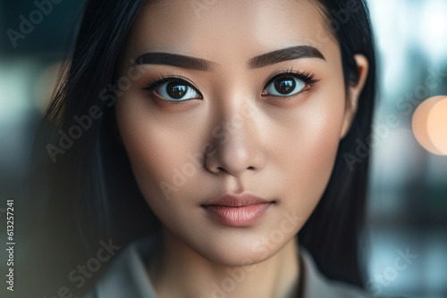 Close-up of an Asian woman using a smartphone, asian woman working, close up depiction, digital photo, portrait, looking at camera, natural light, affinity, bright background Generative AI