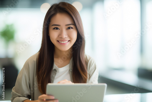 Portrait of a young Asian woman using a tablet device, asian woman working, close up depiction, digital photo, portrait, looking at camera, natural light, affinity, bright backgrou Generative AI