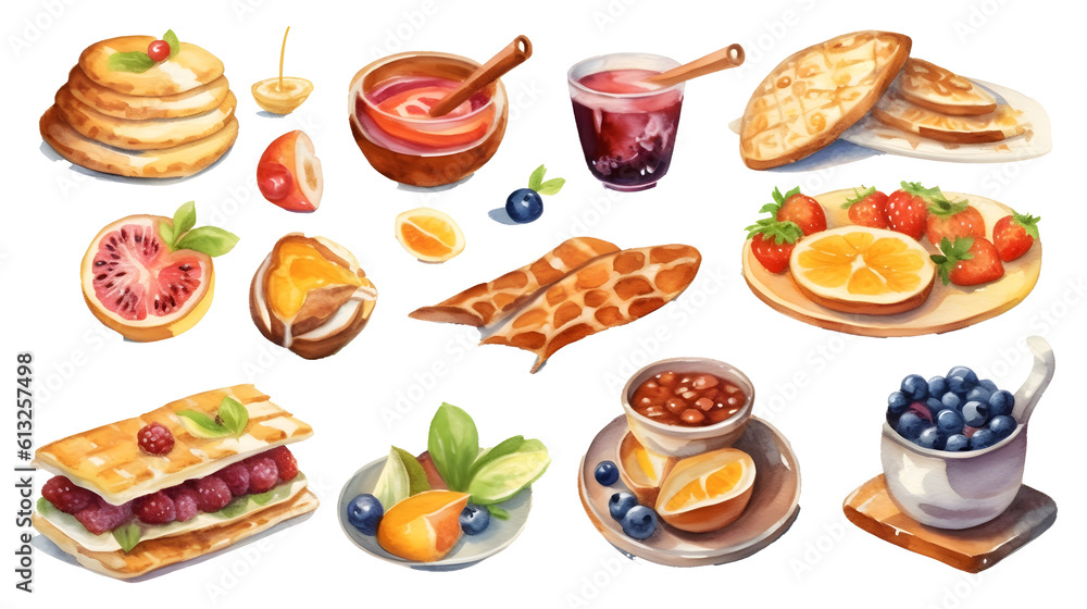 Watercolor food set illustration transparent background generative ai
