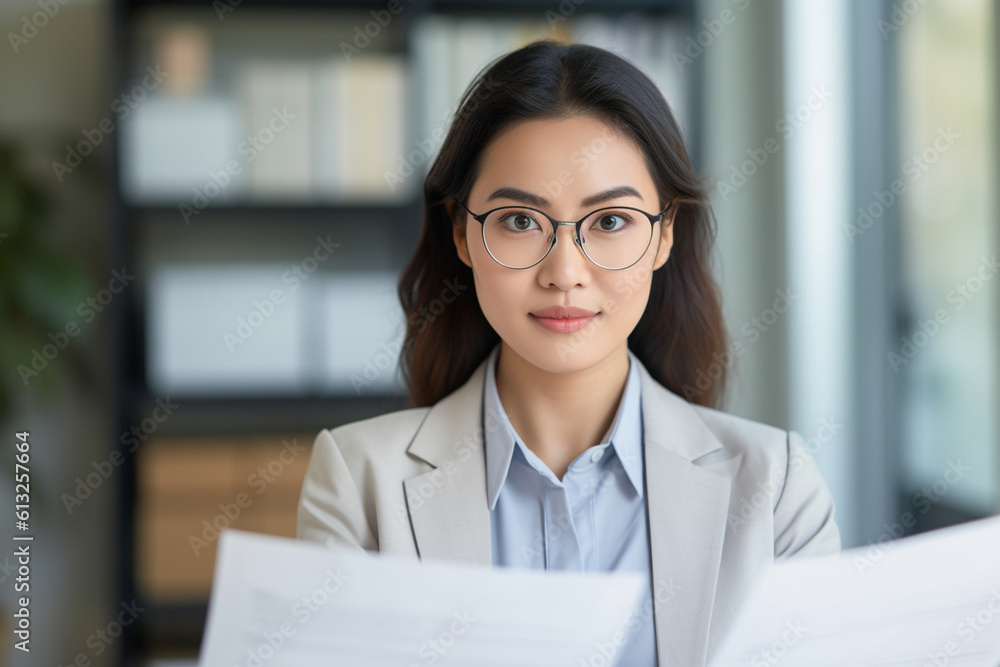 Asian woman reviewing financial documents, asian woman working, close up depiction, digital photo, portrait, looking at camera, natural light, affinity, bright background Generative AI Asian woman reviewing financial documents, asian woman working, close up depiction, digital photo, portrait, looking at camera, natural light, affinity, bright background Generative AI