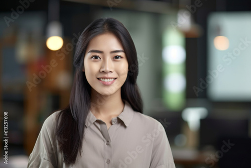 Portrait of a young Asian woman presenting a project, asian woman working, close up depiction, digital photo, portrait, looking at camera, natural light, affinity, bright backgroun Generative AI