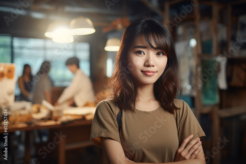 Asian woman working on a creative design, asian woman working, close up depiction, digital photo, portrait, looking at camera, natural light, affinity, bright background Generative AI