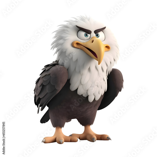 Cartoon bald eagle with big eyes on white background. 3D illustration