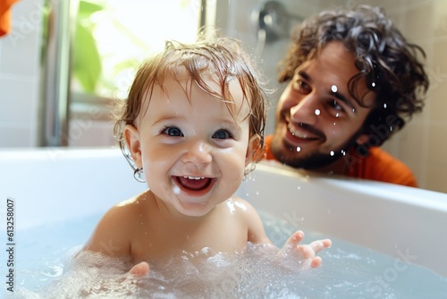 Tender moments in the bath: Father's love and care. Generative AI © YouraPechkin