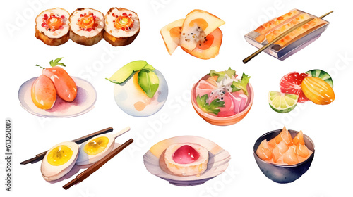 Watercolor food set illustration transparent background generative ai