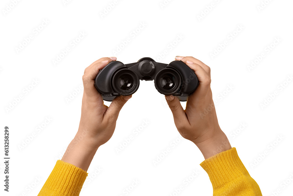 binoculars in hand isolated on transparent background, find and search concept. binoculars in hand isolated on transparent background, find and search concept.