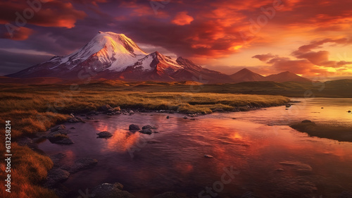 Sunset see of the well of magma volcano, Kamchatka. Generative ai