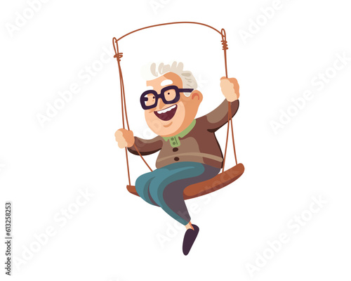 Happy elderly man ride on a swing. Senior man living happy active lifestyle concept. Pensioner, pensioner's happiness. Vector illustration