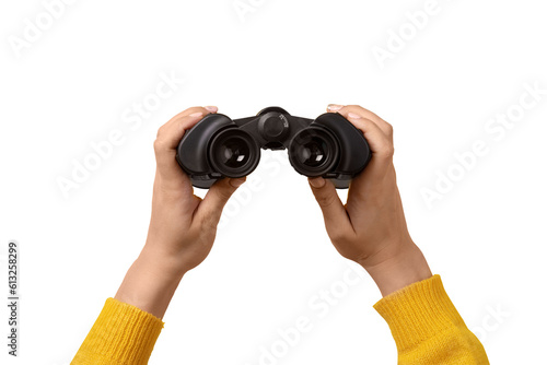 binoculars in hand isolated on transparent background, find and search concept. photo
