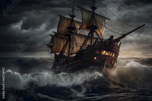 "Stormy Seas: Pirate Ship Battling the Elements"