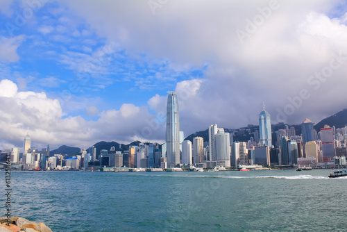 The view of Victoria Harbour  Hong Kong city. A city full of skyscrapers. Travel scene.