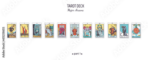 Tarot card colorful deck.  Major arcana set part  . Vector hand drawn engraved style. Occult and alchemy symbolism. The fool, magician, high priestess, empress, emperor, lovers, hierophant, chariot