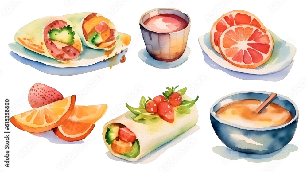 Watercolor food set illustration transparent background generative ai Watercolor food set illustration transparent background generative ai