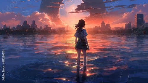 Anime girl gracefully walks on water, surrounded by gentle ripples, against the breathtaking backdrop of a dawn sky