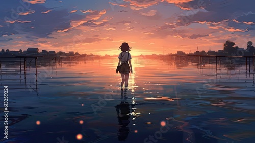 Anime girl gracefully walks on water, surrounded by gentle ripples, against the breathtaking backdrop of a dawn sky