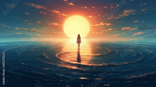 Anime girl gracefully walks on water, surrounded by gentle ripples, against the breathtaking backdrop of a dawn sky