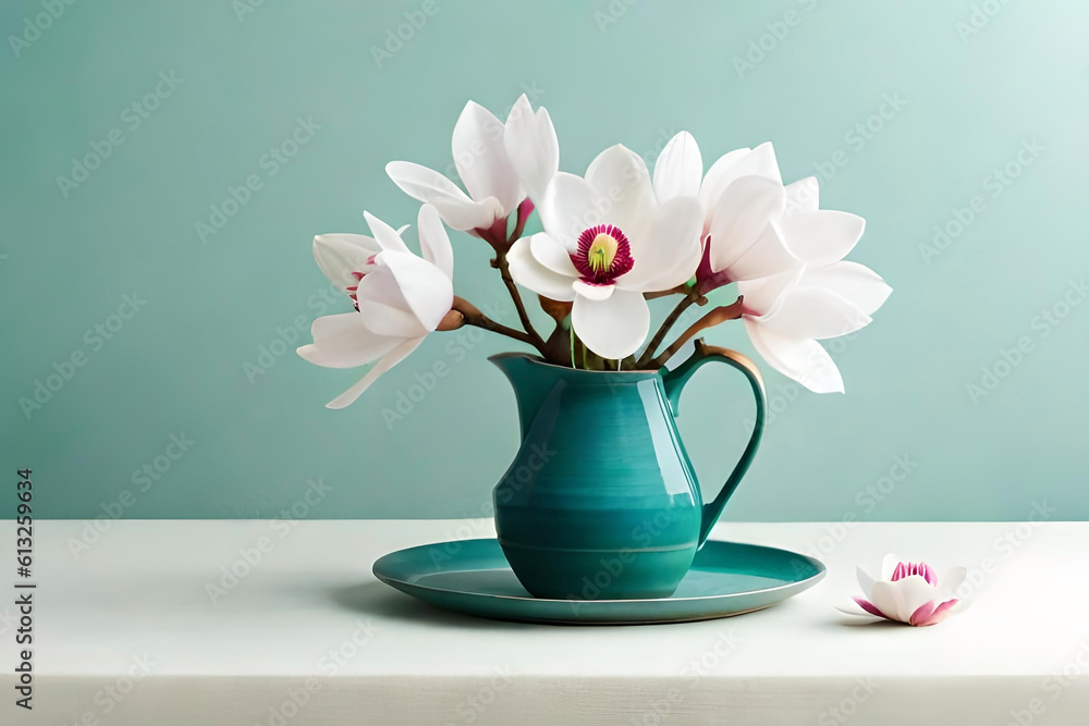 Magnolia arrangement in a vase on a light green background, with a ceramic minimalist tray as minimalist decor Magnolia arrangement in a vase on a light green background, with a ceramic minimalist tray as minimalist decor