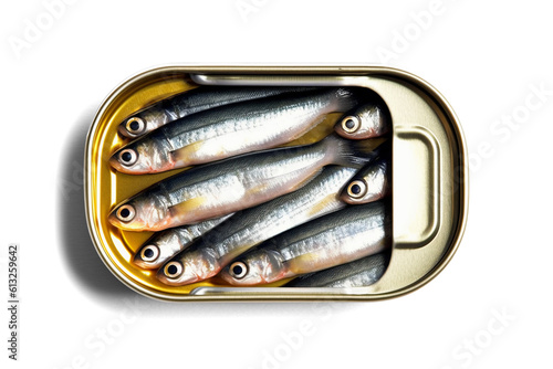 Can of sardines isolated on transparent or white background, top view, png