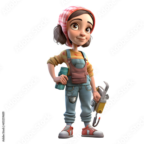 3D Render of Cartoon mechanic woman with tool belt and spanner © Muhammad