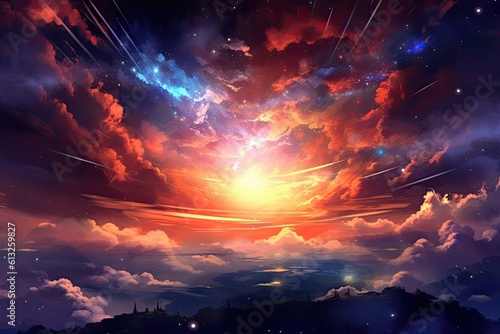 Anime scene, with fluffy clouds decorating the sky, evoking a sense of wonder and tranquility