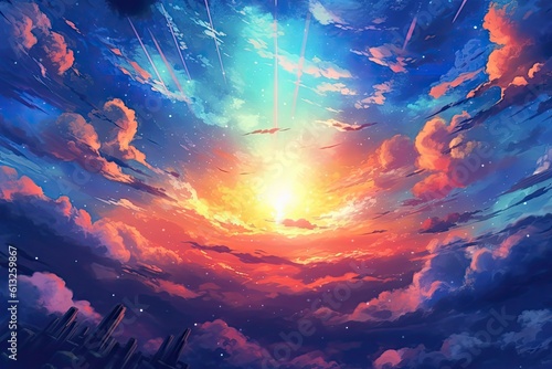 Anime scene, with fluffy clouds decorating the sky, evoking a sense of wonder and tranquility