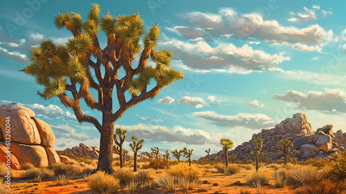 Sunlight shining through Joshua tree in the Mojave desert, dusk, Joshua. Generative ai