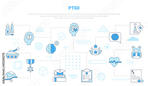 ptsd military trauma stress concept with icon set template banner with modern blue color style