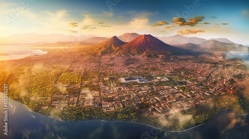 Panoramic aerial view of Mount Vesuvius, a volcano in Naples. Generative ai