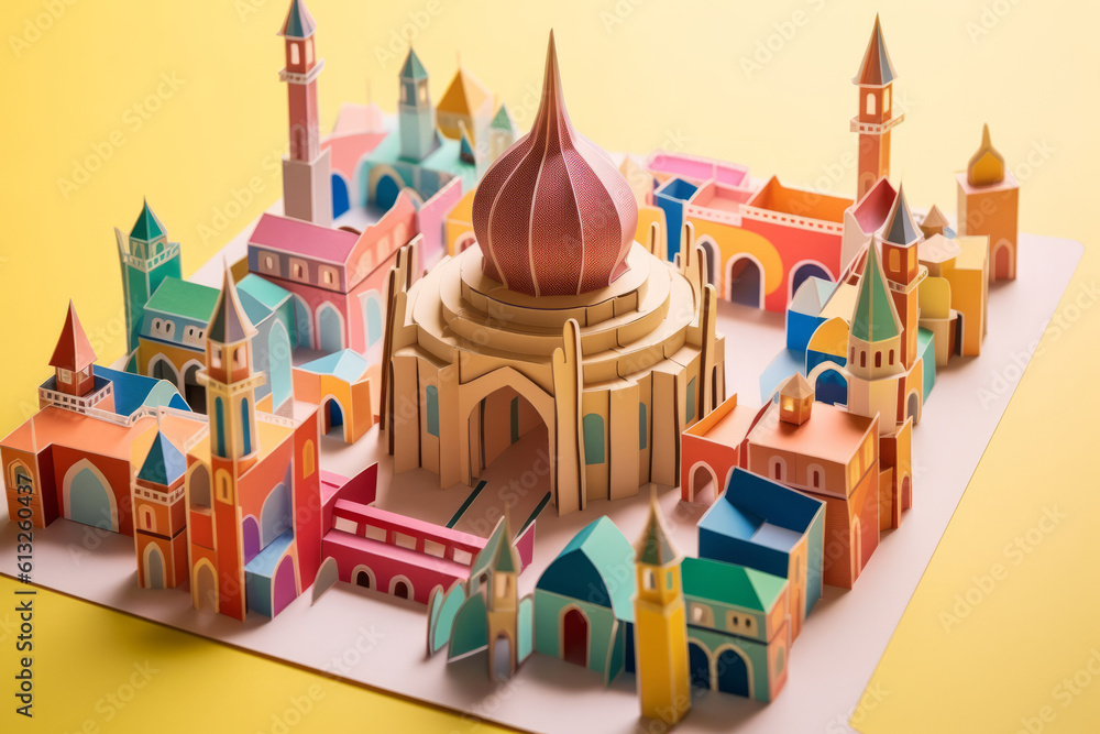 A traditional islamic religious mosque building made from paper cutout design. Generative ai