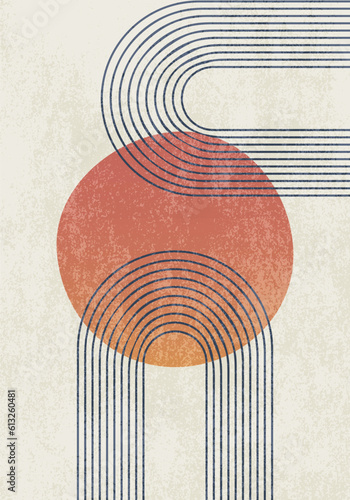 Abstract poster with geometric shapes and lines. Rainbow shapes and sun circle, boho style. Modern minimalist print with arch in gradient colors. Concept of balance, harmony and equilibrium. Vector.