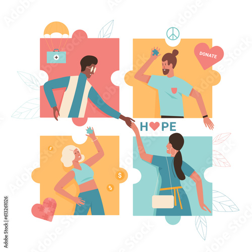 People share help, care and assistance. Cartoon volunteers holding hands inside puzzle support concept flat vector illustration.