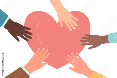 Hands of people donate and help. Volunteers give hearts to donation box flat vector illustration. Hope, solidarity, aid for refugees concept