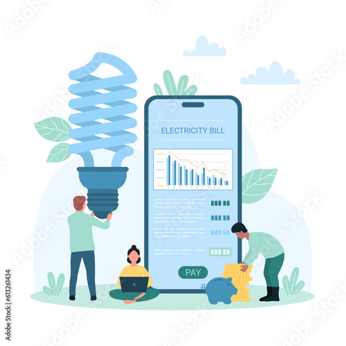 Save electricity and money vector illustration. Cartoon tiny people using CFL light bulb at home to reduce electricity consumption, account interface with electricity bill down on phone screen