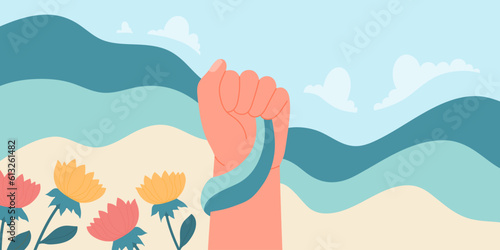 Raised fist holding wavy ribbon flag vector illustration. Hand with national patriotic symbol of victory, independence and freedom background