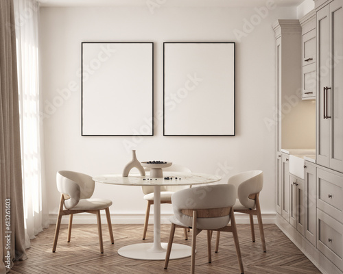 Mockup poster frame on the wall of living room. Luxurious apartment background with contemporary design. Modern interior design. 3D render  3D illustration